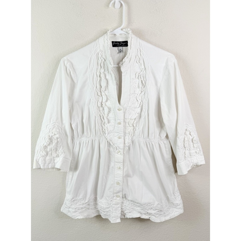 Gretty Zueger Embroidered Blouse XL White Heavy Cotton Boho Prairie Cottagecore